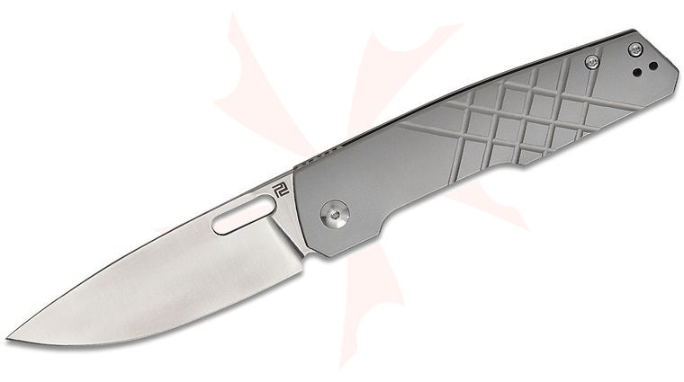 ArtisanCutlery The Gambit Blasted Bishop Folding Knife 3.5 inch CPM-S90V Sand Polished Drop Point Blade, Gray Titanium Handles