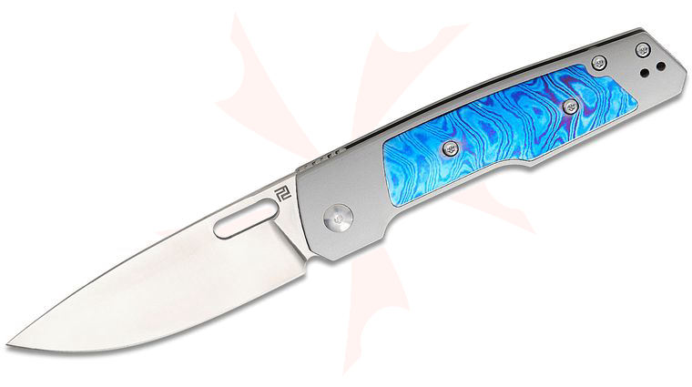 ArtisanCutlery The Gambit Queen's Gambit Folding Knife 3.5 inch CPM-S90V Sand Polished Drop Point Blade, Gray Titanium Handles with Timascus Inlays