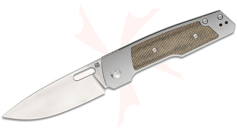 ArtisanCutlery The Gambit Rugged Rook Folding Knife 3.5 inch CPM-S90V Sand Polished Drop Point Blade, Gray Titanium Handles with OD Green Micarta Inlays