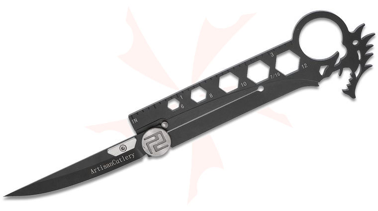ArtisanCutlery Dragon Folding Knife 3 inch AUS-8 Black Plain Blade, Black Stainless Steel Handles w/ Hex Wrenches