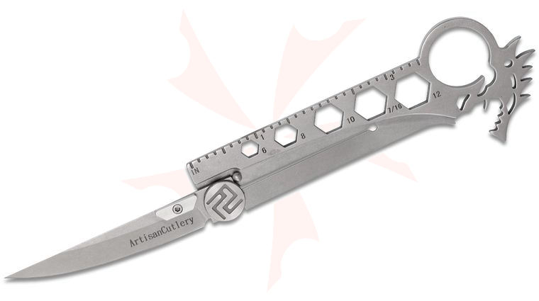 ArtisanCutlery Dragon Folding Knife 3 inch AUS-8 Stonewashed Plain Blade, Stonewashed Stainless Steel Handles w/ Hex Wrenches