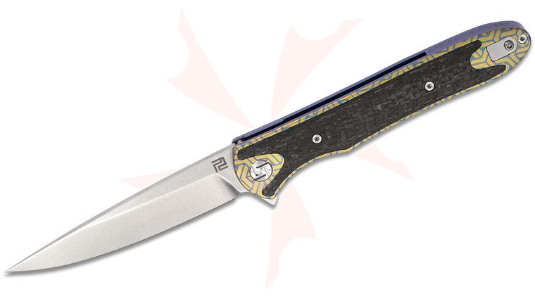 ArtisanCutlery Shark Flipper Knife 4 inch S35VN Stonewashed Blade, Gold and Blue Anodized Titanium Handles w/ Carbon Fiber Inlay 