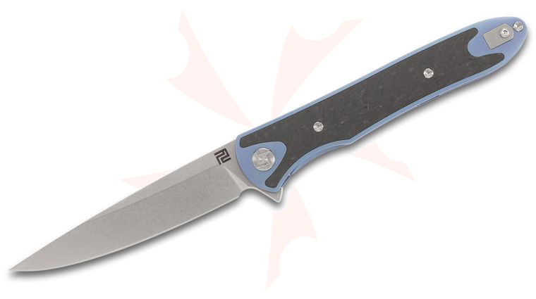 ArtisanCutlery Shark 1707G-BU Flipper Knife 3.97 inch S35VN Stonewashed Blade, Blue Anodized Titanium Handles with Carbon Fiber Inlays 