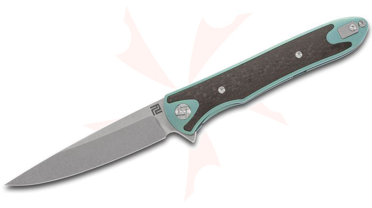 ArtisanCutlery Shark 1707G-GN Flipper Knife 3.97 inch S35VN Stonewashed Blade, Green Anodized Titanium Handles with Carbon Fiber Inlays 
