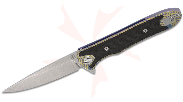 ArtisanCutlery Shark Flipper Knife 3.15 inch S35VN Stonewashed Blade, Gold and Blue Anodized Titanium Handles w/ Carbon Fiber Inlay