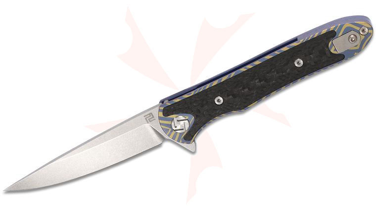 ArtisanCutlery Shark Flipper Knife 3.15 inch S35VN Stonewashed Blade, Blue and Gold Anodized Titanium Handles w/ Carbon Fiber Inlay