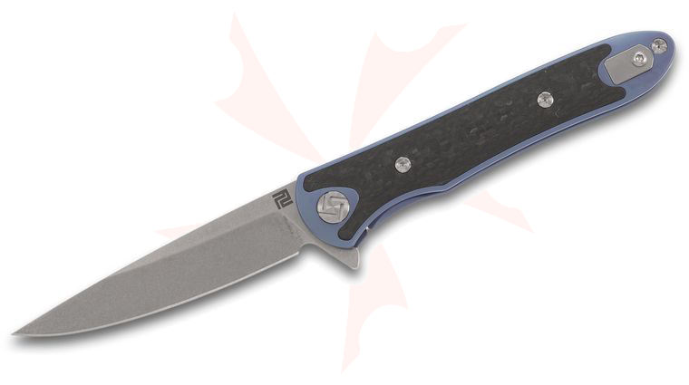 ArtisanCutlery Shark 1707GS-BU Flipper Knife 3.15 inch S35VN Stonewashed Blade, Blue Anodized Titanium Handles with Carbon Fiber Inlays 