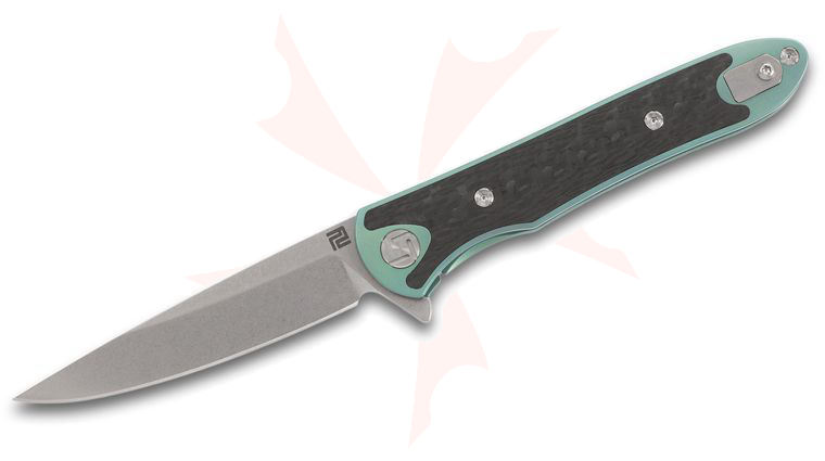ArtisanCutlery Shark 1707GS-GN Flipper Knife 3.15 inch S35VN Stonewashed Blade, Green Anodized Titanium Handles with Carbon Fiber Inlays 