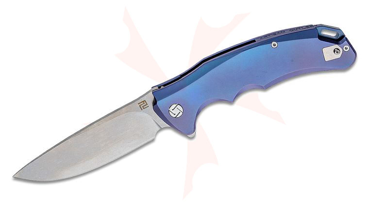ArtisanCutlery Tradition Flipper Knife 3.94 inch S35VN Stonewashed Blade, Blue Anodized Titanium Handles