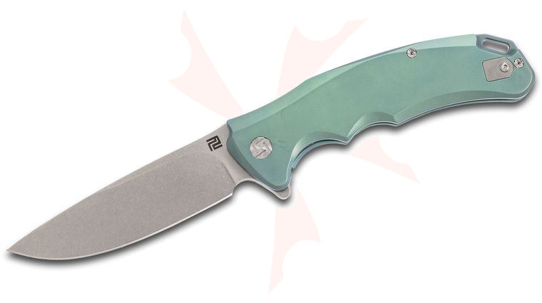ArtisanCutlery Tradition Flipper Knife 3.94 inch S35VN Stonewashed Blade, Green Anodized Titanium Handles