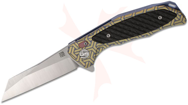 ArtisanCutlery Megahawk Flipper Knife 3.6 inch S35VN Wharncliffe Blade, Gold and Blue Anodized Titanium Handles w/ Carbon Fiber Inlays
