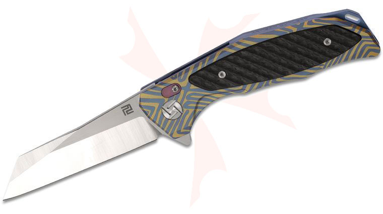 ArtisanCutlery Megahawk Flipper Knife 3.6 inch S35VN Wharncliffe Blade, Blue and Gold Titanium Handles w/ Carbon Fiber Inlays