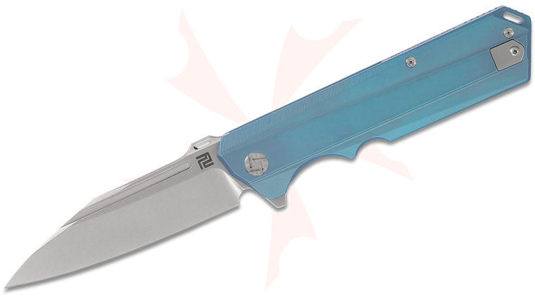 ArtisanCutlery Littoral Flipper Knife 3.75 inch S35VN Stonewashed Blade, Blue Anodized Titanium Handles
