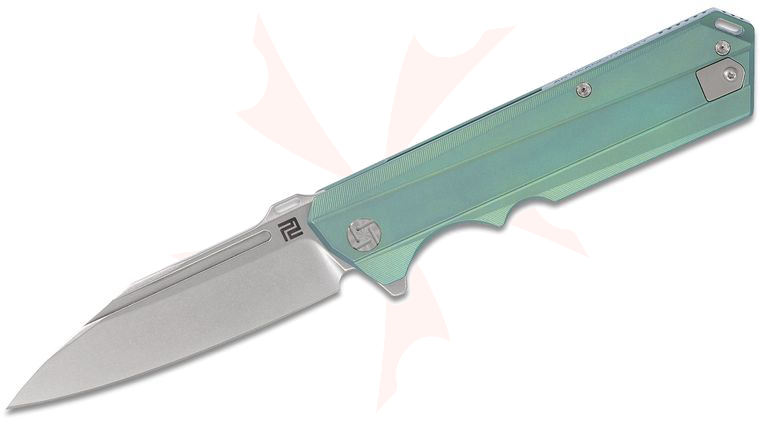 ArtisanCutlery Littoral Flipper Knife 3.75 inch S35VN Stonewashed Blade, Green Anodized Titanium Handles