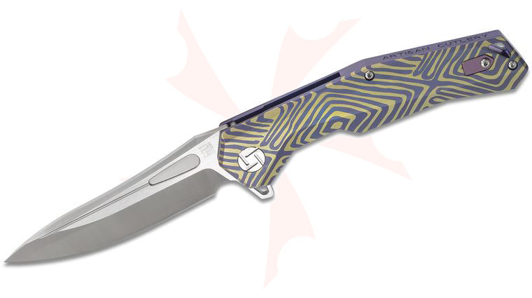 ArtisanCutlery Zumwalt Flipper Knife 3.9 inch Satin S35VN Drop Point Blade, Contoured Blue and Gold Titanium Handles
