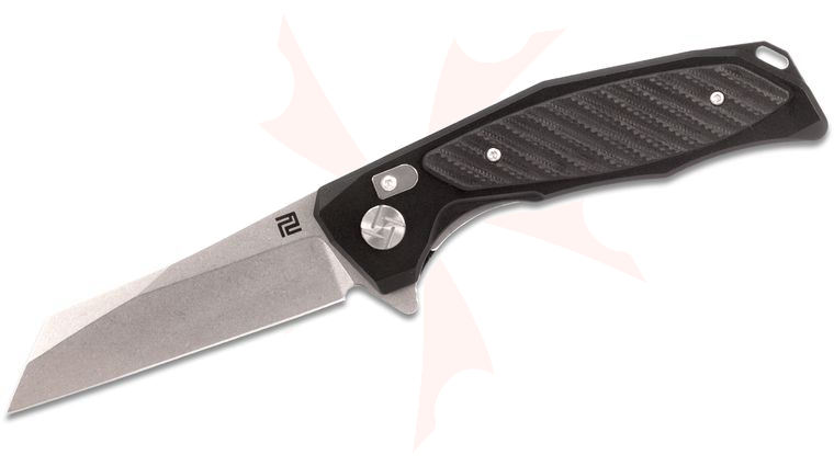 ArtisanCutlery Megahawk Flipper Knife 3.62 inch Stonewashed D2 Wharncliffe Blade, Black Aluminum Handles with Black G10 Inlays