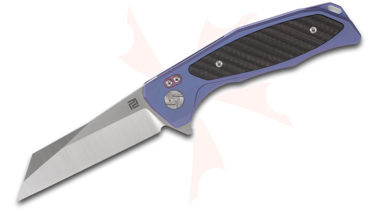 ArtisanCutlery Megahawk Flipper Knife 3.62 inch S35VN Wharncliffe Blade, Blue Titanium Handles with Carbon Fiber Inlays