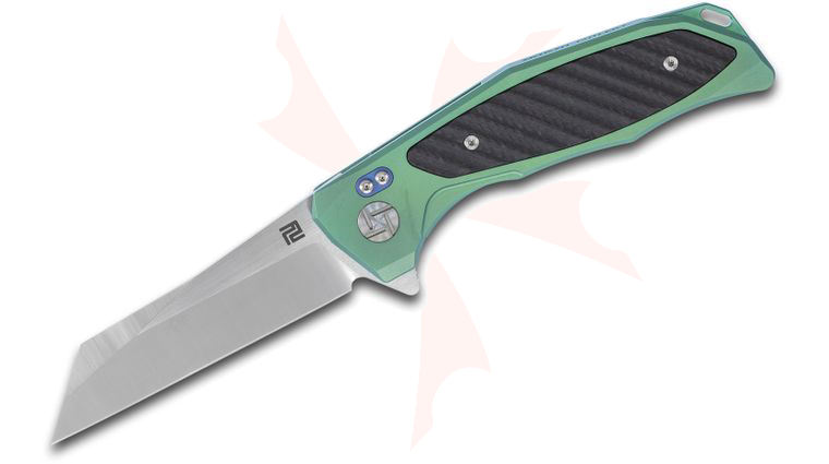 ArtisanCutlery Megahawk Flipper Knife 3.62 inch S35VN Wharncliffe Blade, Green Titanium Handles with Carbon Fiber Inlays