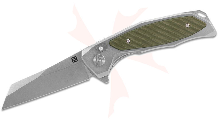 ArtisanCutlery Megahawk Flipper Knife 3.62 inch Stonewashed D2 Wharncliffe Blade, Aluminum Handles with Green G10 Inlays