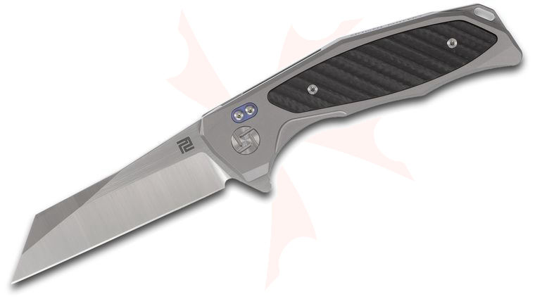 ArtisanCutlery Megahawk Flipper Knife 3.62 inch S35VN Wharncliffe Blade, Gray Titanium Handles with Carbon Fiber Inlays