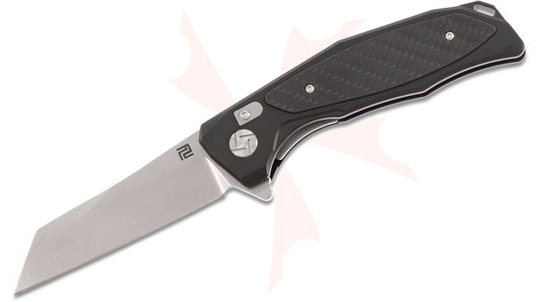 ArtisanCutlery Megahawk Flipper Knife 3.62 inch Stonewashed D2 Wharncliffe Blade, Black Aluminum Handles with Carbon Fiber Inlays