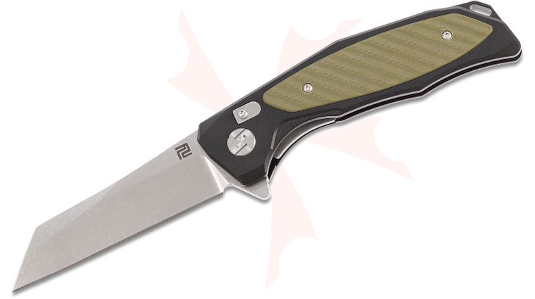 ArtisanCutlery Megahawk Flipper Knife 3.62 inch Stonewashed D2 Wharncliffe Blade, Black Aluminum Handles with Green G10 Inlays