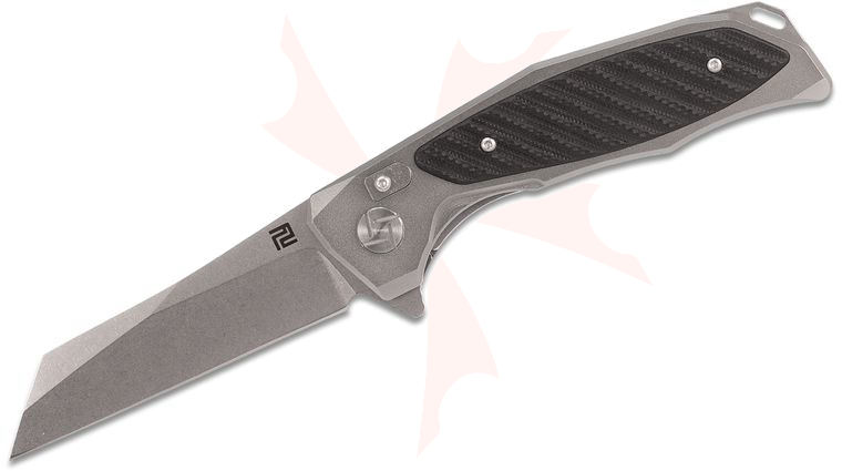 ArtisanCutlery Megahawk Flipper Knife 3.62 inch Stonewashed D2 Wharncliffe Blade, Aluminum Handles with Black G10 Inlays