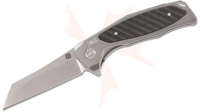 ArtisanCutlery Megahawk Flipper Knife 3.62 inch Stonewashed D2 Wharncliffe Blade, Gray Aluminum Handles with Carbon Fiber Inlays