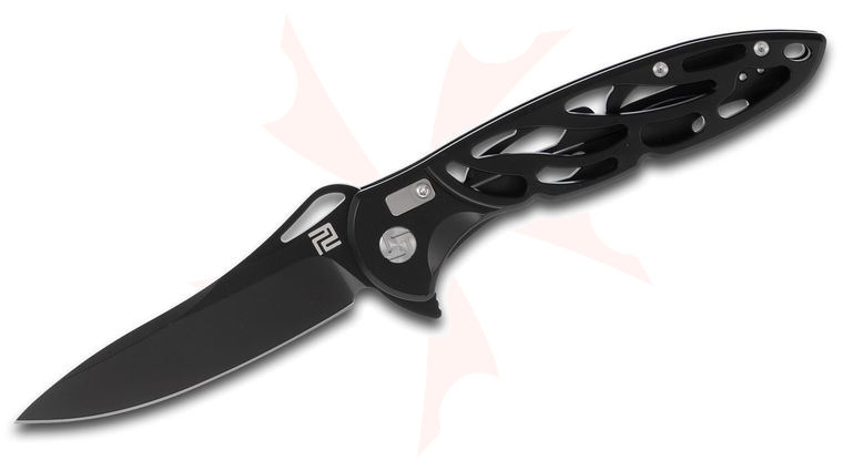 ArtisanCutlery Hoverwing 1801P-BK Flipper Knife 3.94 inch D2 Black Plain Blade, Black Stainless Steel Handles