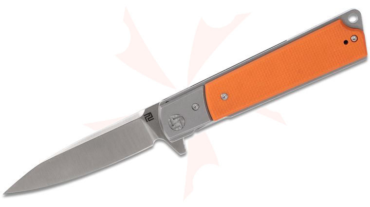 ArtisanCutlery Classic 1802P-OEF Flipper Knife 3.88 inch Satin D2 Spear Point Blade, Orange G10 Handles and Stainless Steel Bolsters