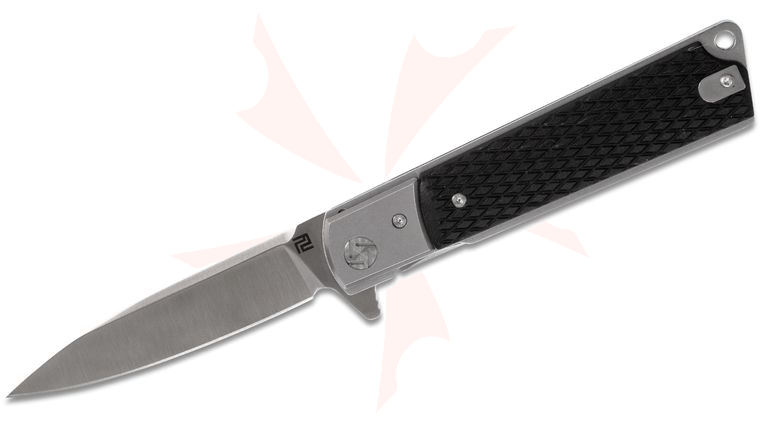 ArtisanCutlery Classic 1802P-BKC Flipper Knife 3.88 inch Satin D2 Spear Point Blade, Contoured Black G10 Handles and Stainless Steel Bolsters