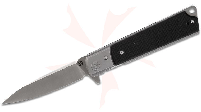 ArtisanCutlery Classic 1802P-BKF Flipper Knife 3.88 inch Satin D2 Spear Point Blade, Black G10 Handles and Stainless Steel Bolsters