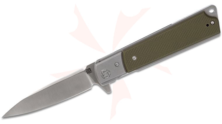 ArtisanCutlery Classic 1802P-GNF Flipper Knife 3.88 inch Satin D2 Spear Point Blade, Green G10 Handles and Stainless Steel Bolsters