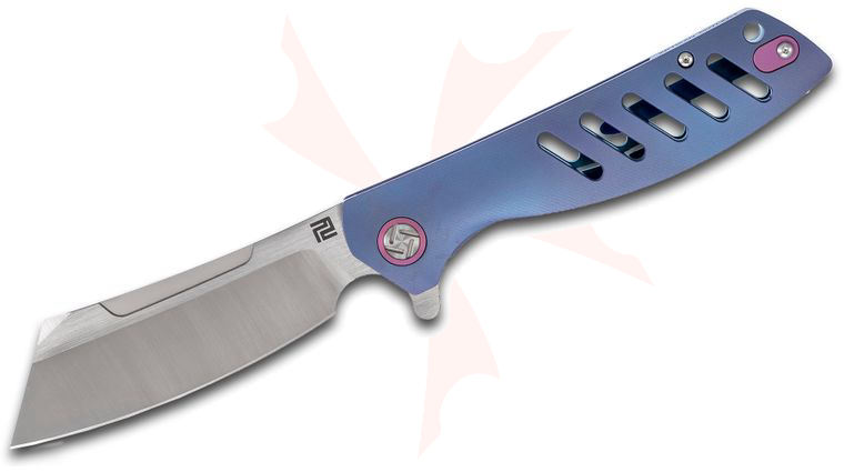 ArtisanCutlery Tomahawk 1815G-BUM Flipper Knife 3.94 inch M390 Satin Cleaver-Style Blade, Blue Titanium Handles