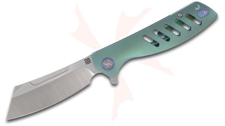 ArtisanCutlery Tomahawk 1815G-GNM Flipper Knife 3.94 inch M390 Satin Cleaver-Style Blade, Green Titanium Handles