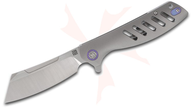 ArtisanCutlery Tomahawk 1815G-GYM Flipper Knife 3.94 inch M390 Satin Cleaver-Style Blade, Gray Titanium Handles