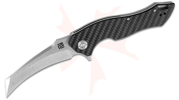 ArtisanCutlery Eagle Flipper Knife 3.46 inch Stonewashed D2 Hawkbill Blade, Carbon Fiber Handles