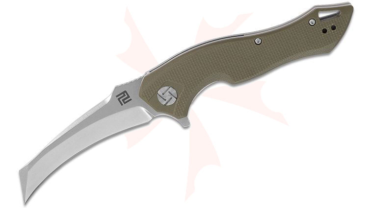 ArtisanCutlery Eagle Flipper Knife 3.46 inch Stonewashed D2 Hawkbill Blade, Green G10 Handles