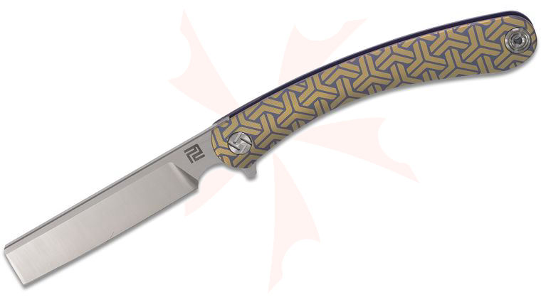 ArtisanCutlery Orthodox Flipper Knife 3.8 inch S35VN Satin Razor Blade, Gold and Blue Anodized Titanium Handles