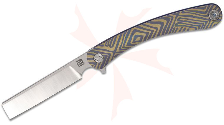 ArtisanCutlery Orthodox Flipper Knife 3.8 inch S35VN Satin Razor Blade, Blue and Gold Anodized Titanium Handles