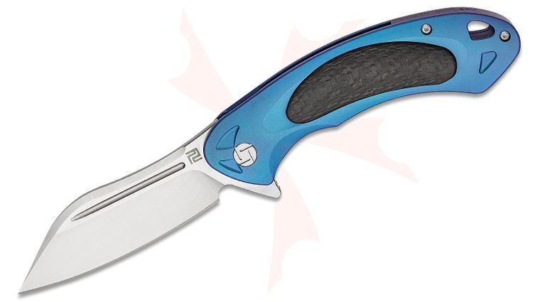 ArtisanCutlery Eterno Flipper Knife 3.54 inch Satin M390 Modified Sheepsfoot Blade, Blue Titanium Handles with Carbon Fiber Inlays