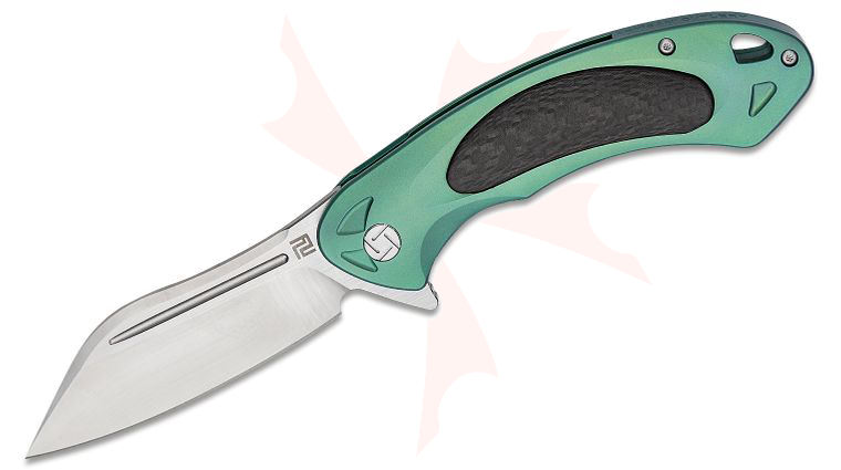 ArtisanCutlery Eterno Flipper Knife 3.54 inch Satin M390 Modified Sheepsfoot Blade, Green Titanium Handles with Carbon Fiber Inlays