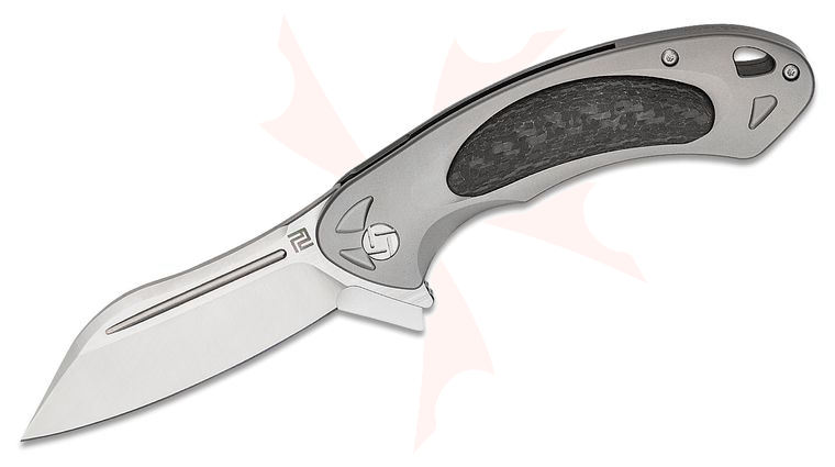 ArtisanCutlery Eterno Flipper Knife 3.54 inch Satin M390 Modified Sheepsfoot Blade, Gray Titanium Handles with Carbon Fiber Inlays