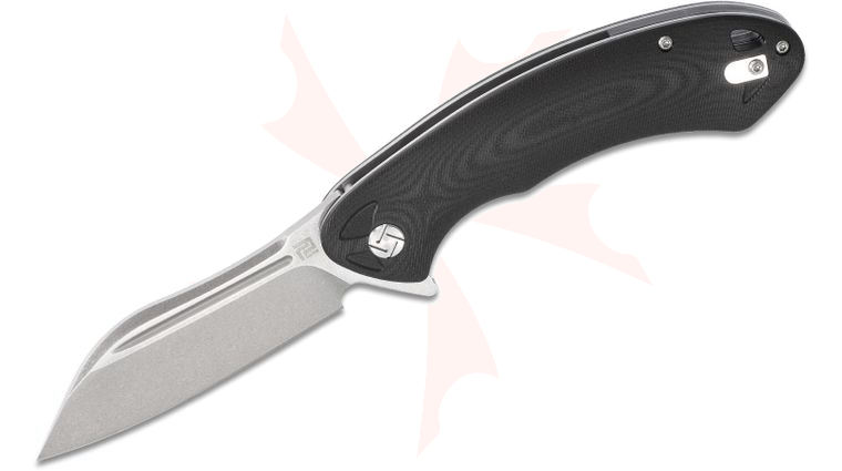 ArtisanCutlery Eterno Flipper Knife 3.54 inch Stonewashed D2 Modified Sheepsfoot Blade, Contoured Black G10 Handles