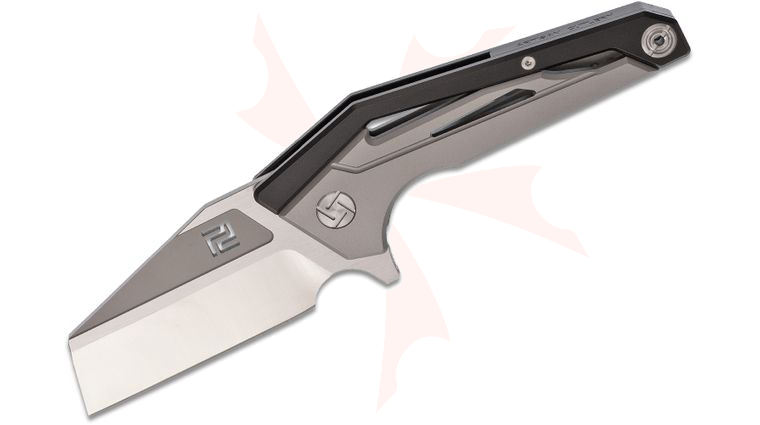ArtisanCutlery Ravine Flipper Knife 2.91 inch M390 Satin Sheepsfoot Blade, Black and Gray Anodized Titanium Handles