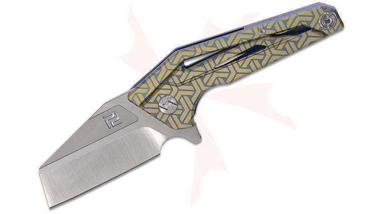 ArtisanCutlery Ravine Flipper Knife 2.91 inch S35VN Satin Sheepsfoot Blade, Gold and Blue Anodized Titanium Handles