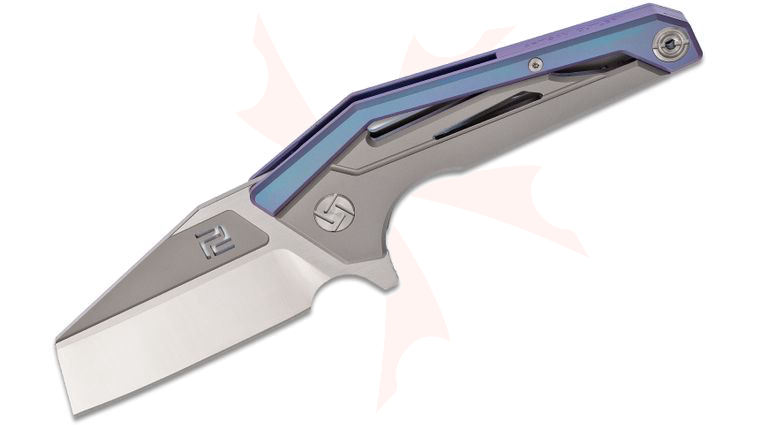 ArtisanCutlery Ravine Flipper Knife 2.91 inch M390 Satin Sheepsfoot Blade, Blue and Gray Anodized Titanium Handles