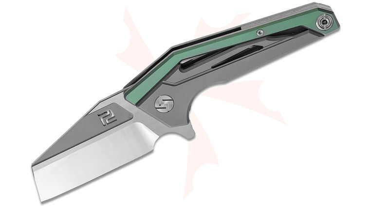 ArtisanCutlery Ravine Flipper Knife 2.91 inch S35VN Satin Sheepsfoot Blade, Green and Gray Anodized Titanium Handles