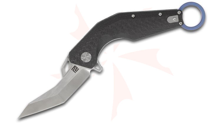 ArtisanCutlery Cobra 1811G-BUS Flipper Karambit 3.15 inch S35VN Modified Tanto Blade, Carbon Fiber Handles with Blue Finger Ring