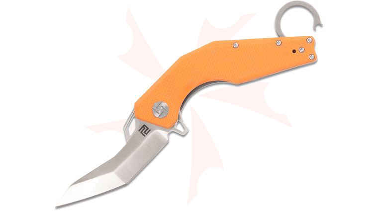ArtisanCutlery Cobra 1811P-OEF Flipper Karambit 3.15 inch D2 Modified Tanto Blade, Textured Orange G10 Handles with Gray Finger Ring